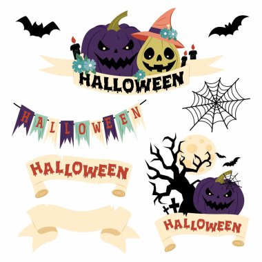 Cadılar Bayramı. Cadılar Bayramı afişleri ve dekoratif unsurlar. Kutlama Mektubu. Balkabağı. Beyaz arkaplanda düz biçim çizimi.