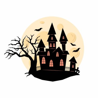 Siyah beyaz siluet hayalet ev. Cadılar Bayramı. Yarasalarla aydınlatılmış ay. Özgeçmiş, çıkartma, kartpostal posteri için tatil illüstrasyonu. Çizim düz biçimli.