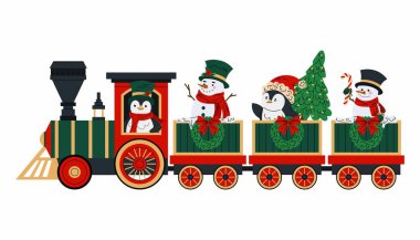 Komik kardan adamlar ve penguenlerle dolu oyuncak bir Noel treni. Noel treni. Vagonlarla dolu buharlı tren Noel çelenkleri ve fiyonklarla süslenmiş. Beyaz arkaplanda düz resimleme.