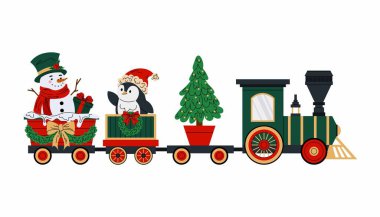 Oyuncak tren, kardan adam, penguen ve Noel ağacı. Vagonlarla dolu buharlı tren Noel çelenkleri ve fiyonklarla süslenmiş. Beyaz arkaplanda düz resimleme.