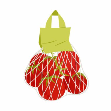 Domates. Domates poşeti içinde. Torbadaki domatesler. Organik çiftlik sebzeleri. Beyaz arkaplanda düz bir resim.