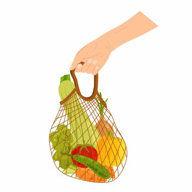 Eko-alışveriş torbası insan elinde. Alışveriş torbası ve çeşitli market ürünleri. Beyaz arka planda, eko torba içinde olgun sebzeler. Düz stil çiftlik sebzeleri.