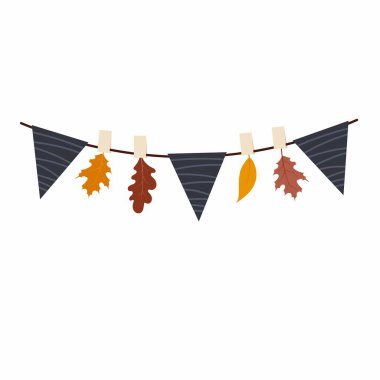 Bayraklı ve yapraklı dekoratif bir çelenk. Sonbahar dekorasyonu. Çizim düz biçimli.