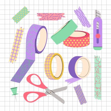 Dekoratif bant takımı. Renkli albüm şeritleri, yapışkan etiket etiketleri ve dekoratif viski şeritleri. Dekoratif bant makarası. Kenarlık ögeleri, düz biçimli kağıt yapıştırma bandı.