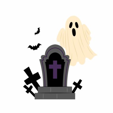 İçinde hayalet ve yarasalar olan taştan bir mezar. Cadılar Bayramı. Mezarlıkta. Mezarlıktaki çizgi film hayaleti. Beyaz arkaplanda düz biçim illüstrasyonu.