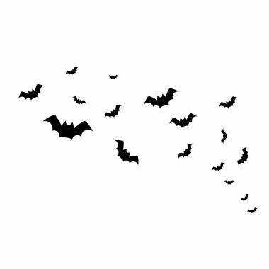Bir yarasa sürüsü. Cadılar Bayramı için dekoratif unsur. Arkaplanlar, kartlar, posterler için siyah ve beyaz çizimler.