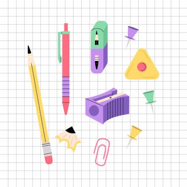 Okul kırtasiyesi. Okul eşyalarının dizisi düz stil. Kalemler, kalemler, silgi. Okula geri dön..