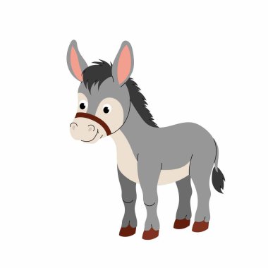 Eşek. Çiftlik hayvanı. Beyaz arkaplanda izole edilmiş gri şirin eşeğin düz çizimi.