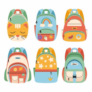 Okul çantası seti. Beyaz arka planda farklı meyve tokaları olan çocukların sırt çantaları. Yürüyüş için çanta, seyahat için. Şık aksesuar.