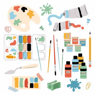 Düz çizim için sanat malzemeleri. Resim aletleri ve resim sınıfı malzemeleri. Okula dönelim. Çalışma için çizgi film aksesuarları.