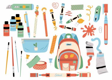 Okul kırtasiyesi ve sanat malzemeleri. Öğrenim için Kawaii aksesuarları, öğrenci malzemeleri. Okula dönelim. Okul ögeleri düz biçimli.