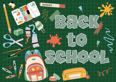 Okula dönelim. Farklı okul eşyalarıyla çocuk geçmişi. Okul kağıtları, harfler. Çizim düz biçimli.