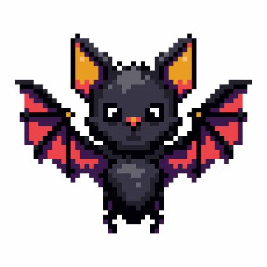 Piksel yarasa simgesi. Oyun sembolü, web simgesi. Yarasa simgesi. Çizgi film yarasası piksel şeklinde kanatları açık..