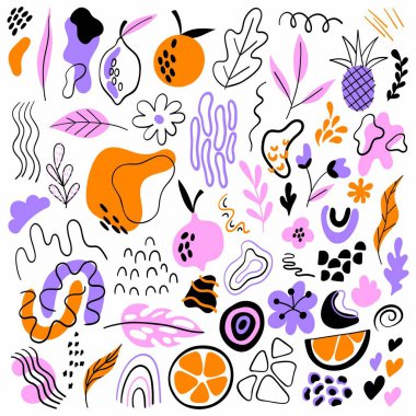 Büyük soyut elementler kümesi. Soyut Citrus Meyveleri ve Geometrik Şekiller. Özgeçmiş, Tekstil, Poster, Kartpostal, Paketleme ve daha fazlası için Soyut Elementler.