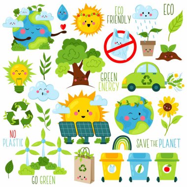 Çevre dostu çizimler seti. Çevre korumanın sevimli karakterleri. Kirliliği durdurun. Atık geri dönüşümü. Çevre ve doğa koruma. Düz bir şekilde çocuk çizimi.
