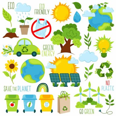 Çevre dostu çizimler seti. Kirliliği durdurun. Atık geri dönüşümü. Filizleri, güneşi, toprağı, güneş panelini ve elektrikli arabasıyla çevre dostu bir illüstrasyon. Beyaz arkaplanda izole.