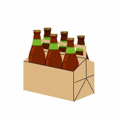 Bira şişeleriyle dolu karton kutu. Cam şişedeki siyah bira. Bir kutu bira. Düz illüstrasyon beyaz arkaplanda izole edildi.