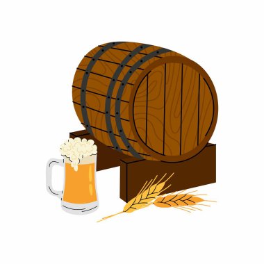 Tahta Bira Fıçısı. Arpa çivileri, bira yapmak için bir malzeme. Bir bardak light bira. Bira fabrikası. Beyaz arkaplanda düz resimleme.