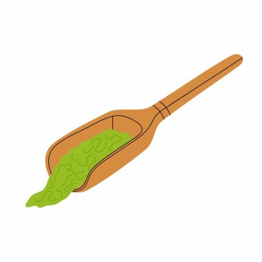 Kibrit tozu. Tahta kaşıkta öğütülmüş yeşil çay. Beyaz arkaplanda düz vektör çizimi.