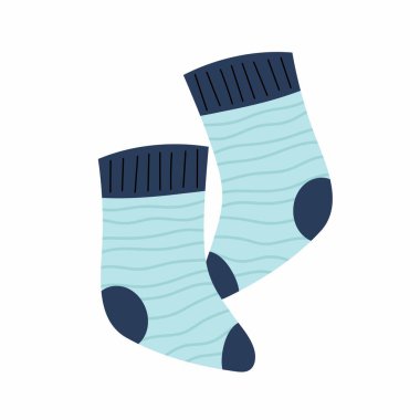Mavi renkli sıcak örülmüş çizgili çoraplar. Bir çift erkek çorabı. Şirin bebek çorabı izole edilmiş ikon. Kış tatili dekorasyonu. Çocuklar için sıcak kış aksesuarları.