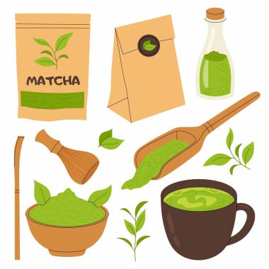 Kibrit takımı. Çizimler yeşil çay, chashaku, kibrit tozu, bardak. Kağıtlı çay. Matcha içkisi yapmak için araçlar.