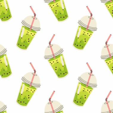 Moda Asya içeceği. Kibrit köpüklü çay ile plastik bardak. Yeşil çay içeceği. Tekstil, ambalaj kağıdı, arkaplan için pürüzsüz desen.