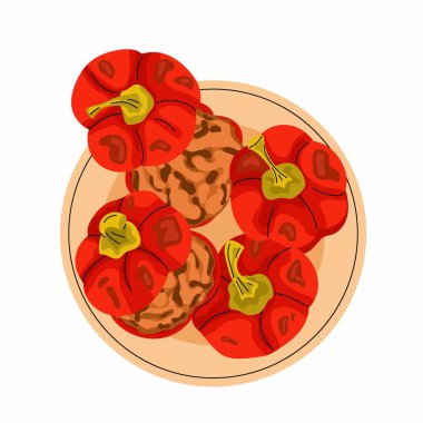 Doldurulmuş dolma dolma biber. Yunan mutfağı. Lezzetli ulusal yemek. Poster, menü, yemek blogu, yemek kitabı için düz vektör illüstrasyonu.