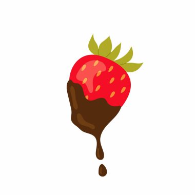 Olgun kırmızı çikolata kaplı çilekler. Olgun meyveler. Tatlı. Beyaz arkaplanda düz vektör illüstrasyonu.