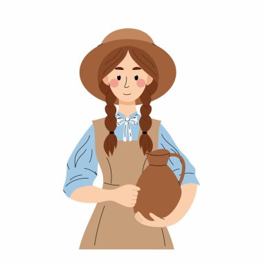 Sütçü kız. Kil sürahisi olan genç bir kız. Çiftlikte çalışan bir kadın. Çiftlik üniformalı bir kız. Beyaz arkaplanda düz resimleme.