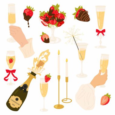 Şampanya dolu bir şişe. Olgun çikolata kaplı çilekler. Bir bardak alkollü içecekle. Bengal ateşi, mumlar. Romantik ya da şenlikli bir akşam yemeği. Düz resimlemeleri ayarla.