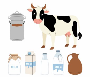 Sevimli evcil inek. Cam şişede süt, karton kutu, metal bidon ve plastik şişe. Beyaz arkaplanda düz vektör çizimi.