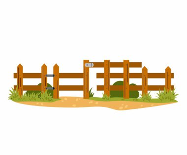 Ahşap çit ya da çimenli ve çalılı bir giriş. Bahçe bariyeri ve ahşap paralel tahtaları olan kapı. Düz vektör illüstrasyonu.