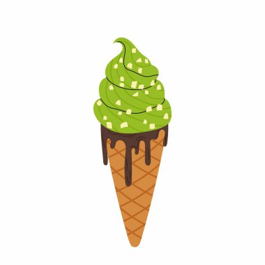 Waffle külahında dondurma. Çikolatalı ve kibrit aromalı tatlı. Kibritli dondurma. Menü, poster, yemek blogu, tarif için düz illüstrasyon.