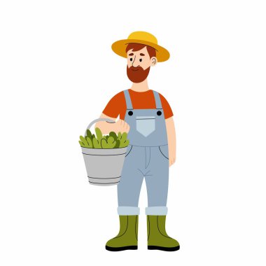 Çiftçi. Hayvanları beslemek için bir kova taze çimen taşıyan bir tarım işçisi. Hasır şapkalı adamlar. Beyaz arkaplanda düz resimleme.
