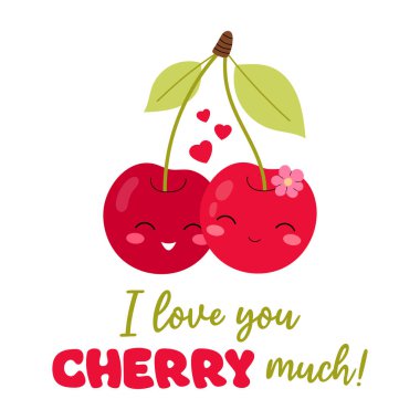 Vişneni çok seviyorum. Sevimli kirazlar. Kartpostal, çıkartma, afiş, Sevgililer Günü için poster. Beyaz arkaplanda düz resimleme.