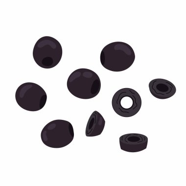 Zeytin. Konserve zeytin. Yemek pişirmek için. Beyaz arkaplanda düz resimleme.