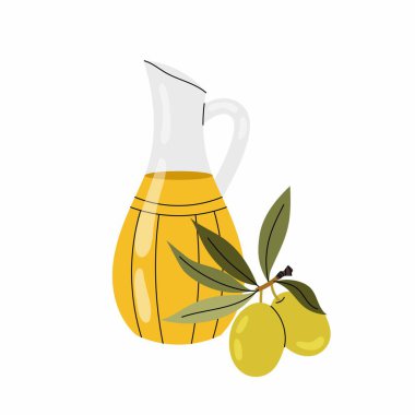 Zeytinyağı. Olgun yeşil zeytin dalı. Yemek pişirmek için. Zeytin ağacı. Beyaz arkaplanda düz resimleme.