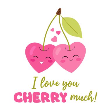 Vişneni çok seviyorum. Şirin pembe kalp şekilli kiraz. Kartpostal, afiş, Sevgililer Günü için poster. Beyaz arkaplanda düz resimleme.