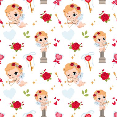 Oklu ve yaylı büyüleyici aşk tanrısı, gül, altın anahtar ve lolipop. Tekstil, ambalaj kağıdı ve arka plan için Sevgililer Günü kusursuz desen.
