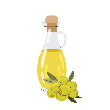 Cam şişede zeytinyağı. Olgun yeşil zeytin. Yemek pişirmek için. Yunan mutfağı. Beyaz arkaplanda Mutfak Düz Çizimi.