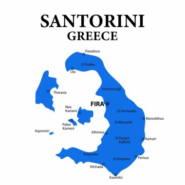 Santorini Adaları, Yunanistan. Harita. Ege Denizi 'ndeki ada. Beyaz arkaplanda düz renk çizimi.
