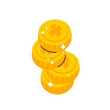 Bir sürü altın para. Para, servet, hazine. Beyaz arkaplanda düz resimleme.