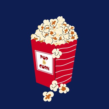 Patlamış mısırlı kutu. Sinema, sinema, sirk, Luna Park için patlamış mısır paketi. Patlamış mısır. Düz gıda vektörü illüstrasyonu.