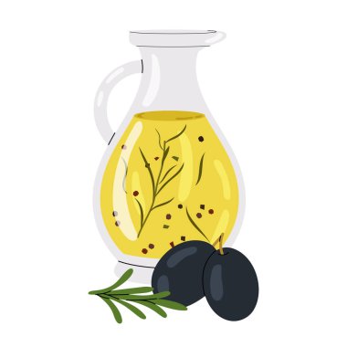 Dal biberiyeli zeytinyağı, siyah zeytin ve beyaz arka planda baharatlar. Yemek pişirmek için. Yunan mutfağı. Mutfak. Düz Çizim.