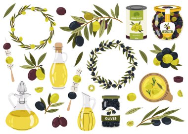 Zeytin, dallar, yağ şişeleri, konserve atıştırmalıklar. Beyaz arka planda yaprakları ve çelenkleri olan zeytin ve ağaç dalları.