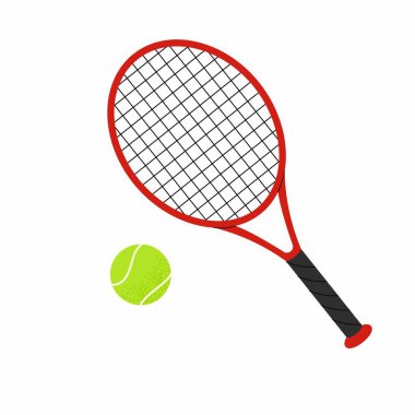 Beyaz arka planda tenis raketi ve top. Spor malzemeleri. Takım sporları ve açık hava aktiviteleri temaları için. Vektör illüstrasyonu.