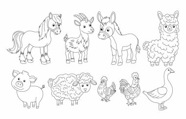 Çiftlik hayvanlarının çizgi çizimleri. Çizgi filmlerdeki evcil hayvanları ayarla. Kara ve beyaz inek, domuz, at, koyun, tavuk, kaz. Renk sayfası.