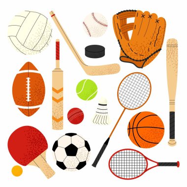 Spor malzemeleri. Çizimler farklı spor oyunlarını toplar. Voleybol, futbol, basketbol, kriket, beyzbol, tenis, hokey sopası ve puck için top. Spor ve açık hava aktiviteleri için..
