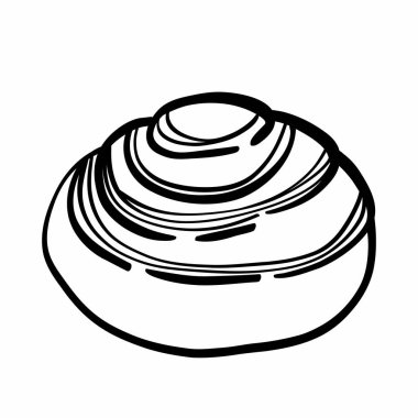 El yapımı rulo çörek. Fırın tasarım elemanları. Beyaz arka planda karalama yemeği. Çöreğin siyah beyaz çizgisi. Cinnabon çöreği..