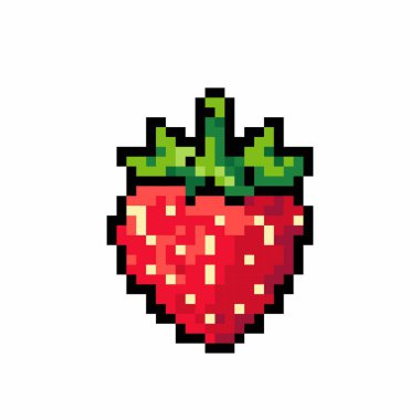 Pixelated ikon çilek. Beyaz arka planda olgun kırmızı çilek. 8 bit çilek işareti. Oyun sembolü. Çilek oyun simgesi.